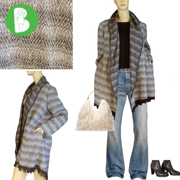 INSIGHT BROWN & CREAM OPEN-FRONT CHEVRON CARDIGAN SWEATER/JACKET W/FRINGE (12) - Picture 1 of 12